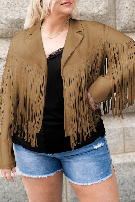 Camel Open Front Fringe Jacket