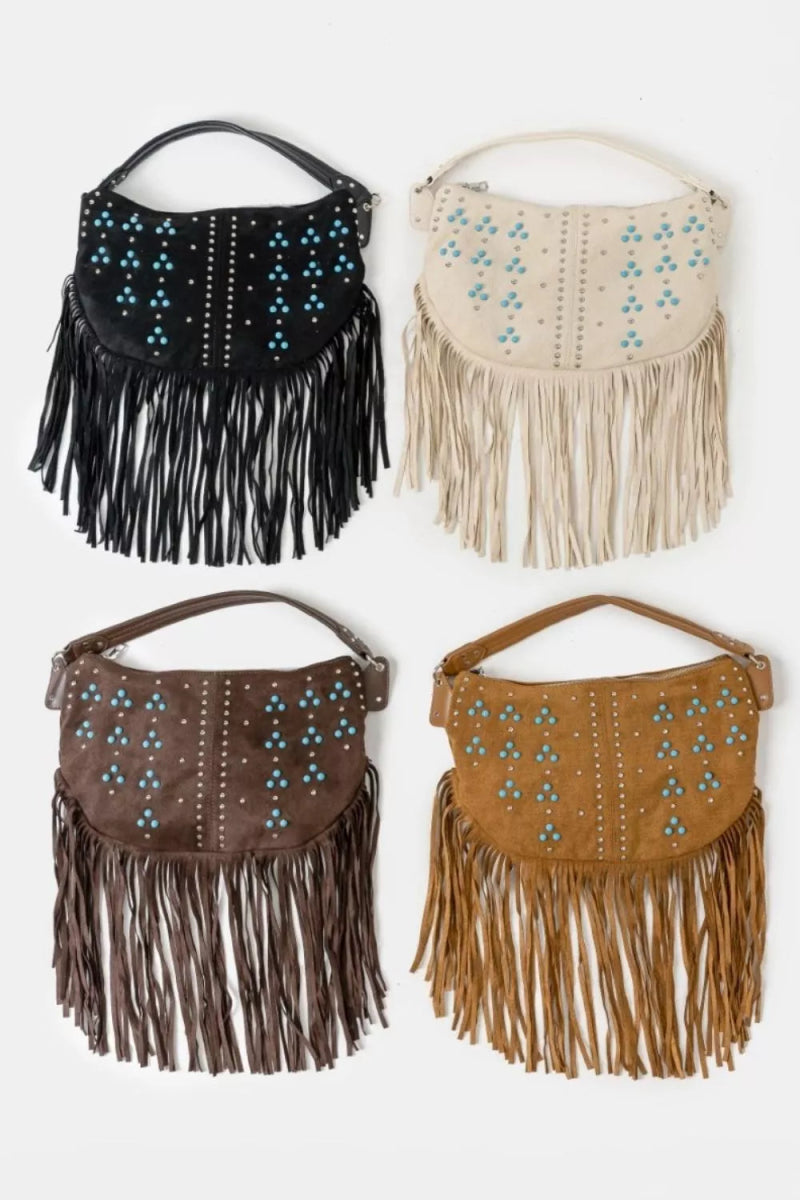 Fame Studded Pattern Dark Brown Multi Fringe Hobo Shoulder Bag - Bazaare Mart
