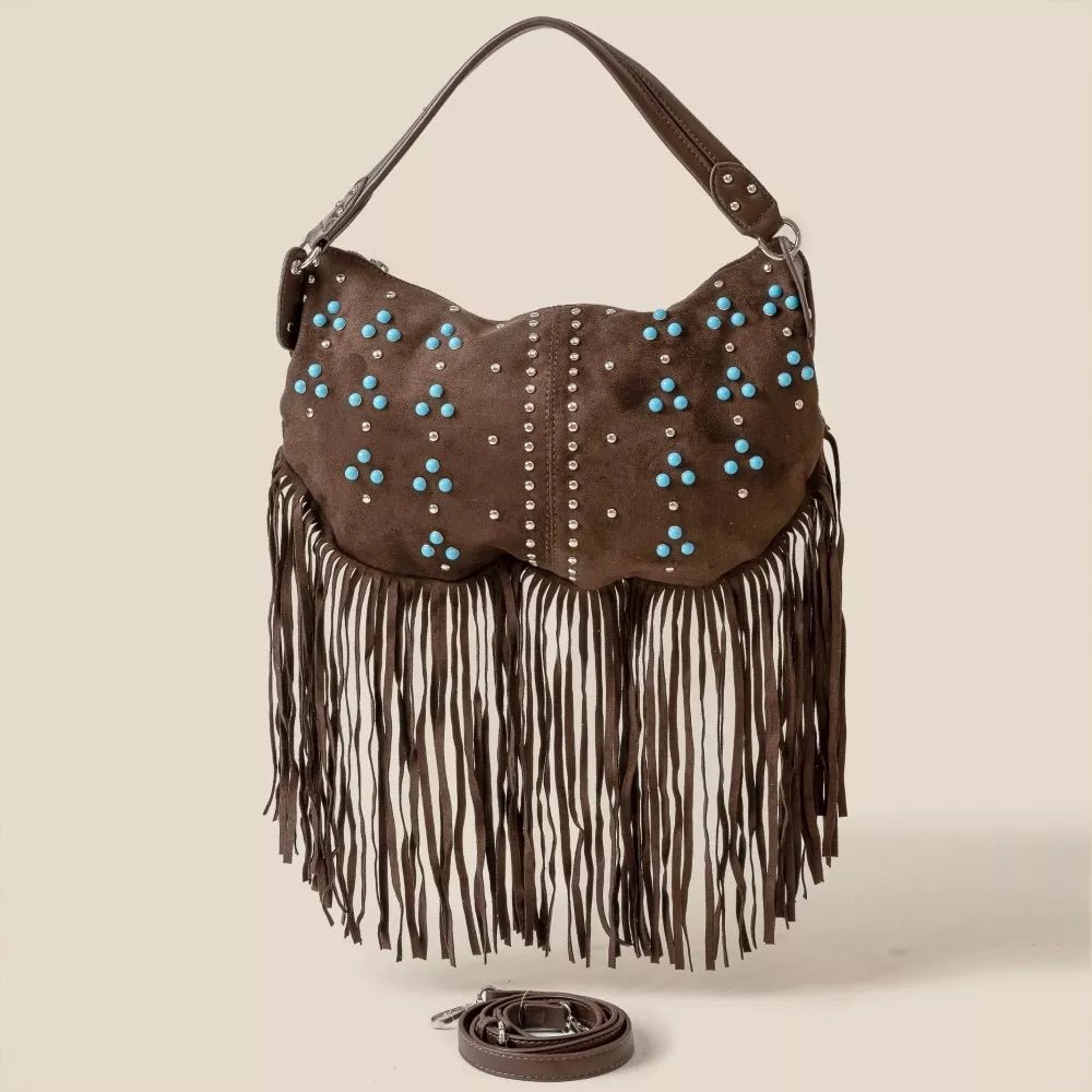 Fame Studded Pattern Dark Brown Multi Fringe Hobo Shoulder Bag - Bazaare Mart
