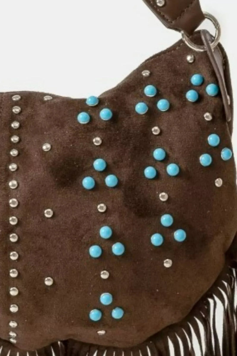 Fame Studded Pattern Dark Brown Multi Fringe Hobo Shoulder Bag - Bazaare Mart