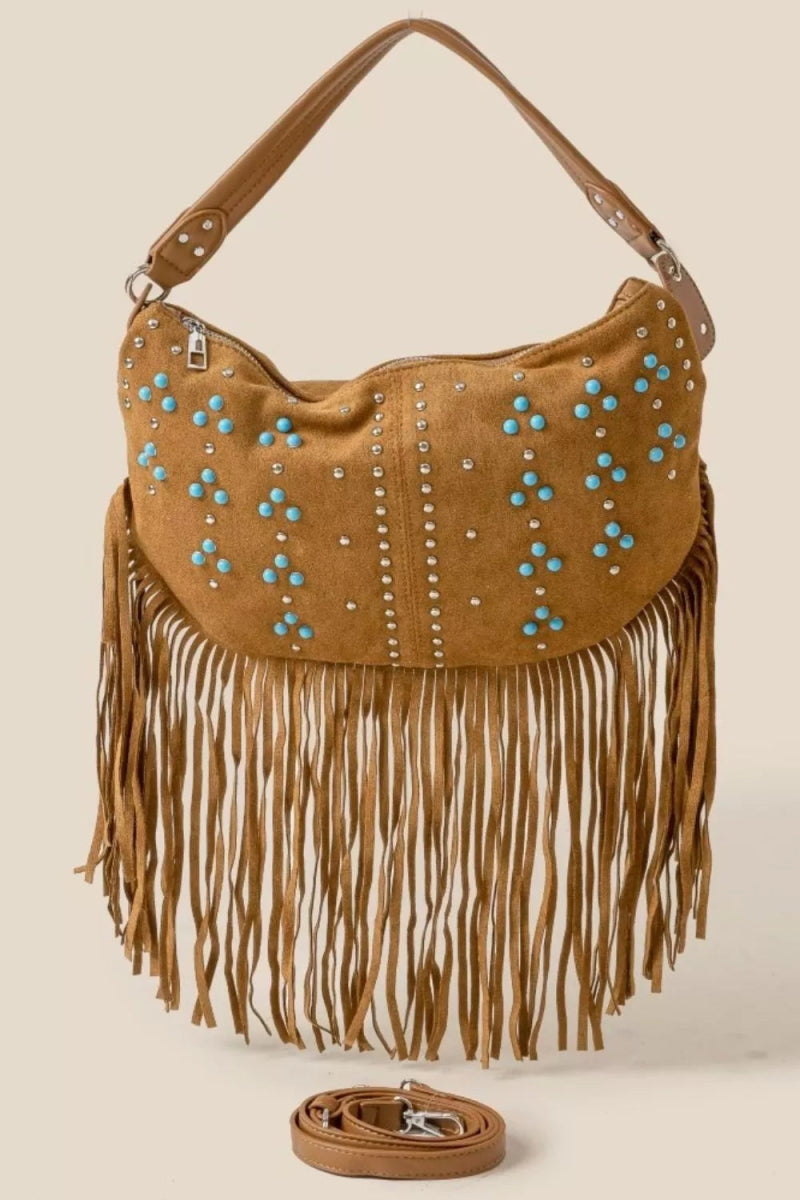 Fame Studded Pattern Khaki Fringe Hobo Shoulder Bag - Bazaare Mart