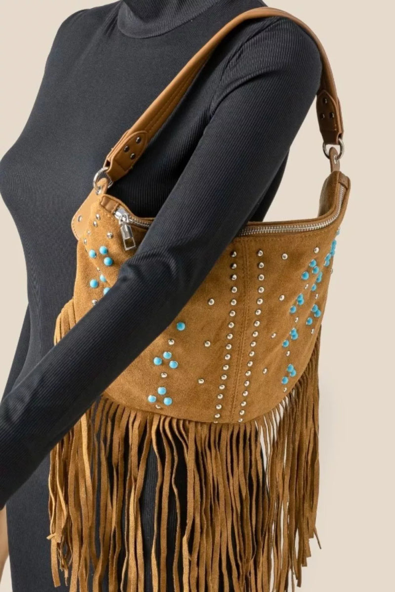 Fame Studded Pattern Khaki Fringe Hobo Shoulder Bag - Bazaare Mart