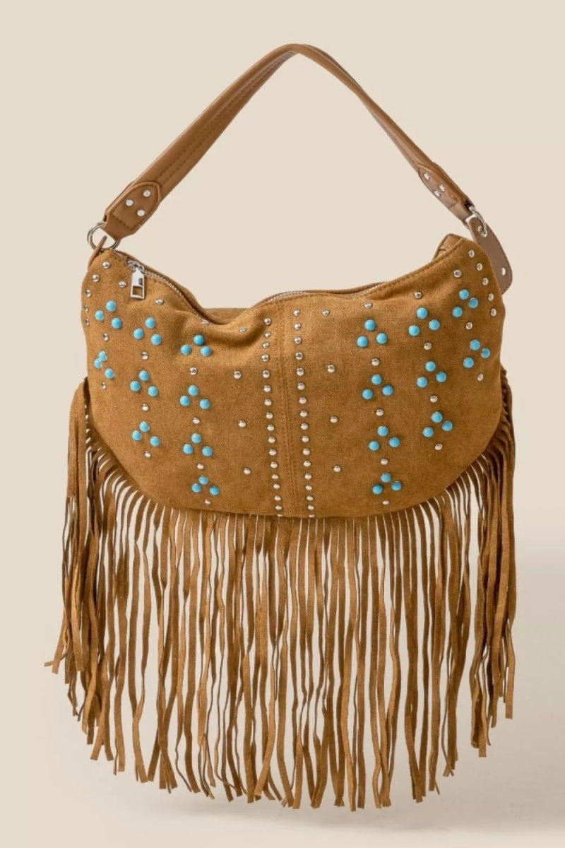Fame Studded Pattern Khaki Fringe Hobo Shoulder Bag - Bazaare Mart