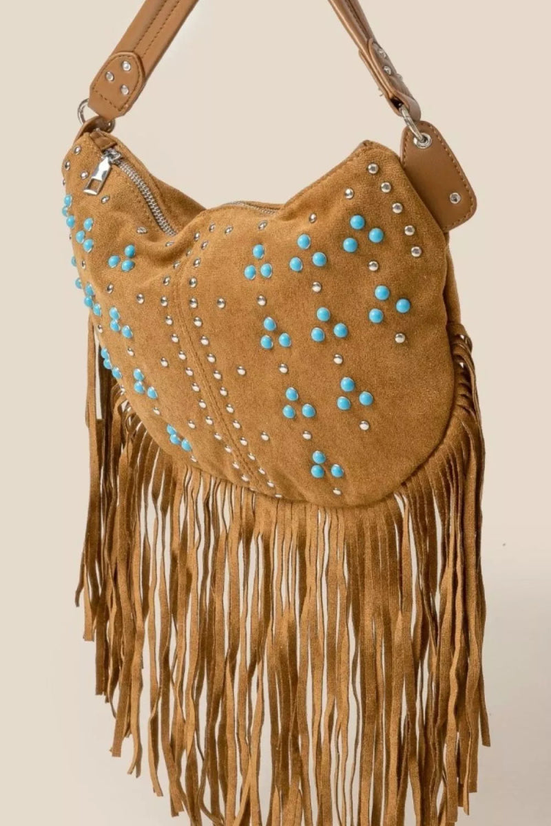 Fame Studded Pattern Khaki Fringe Hobo Shoulder Bag - Bazaare Mart