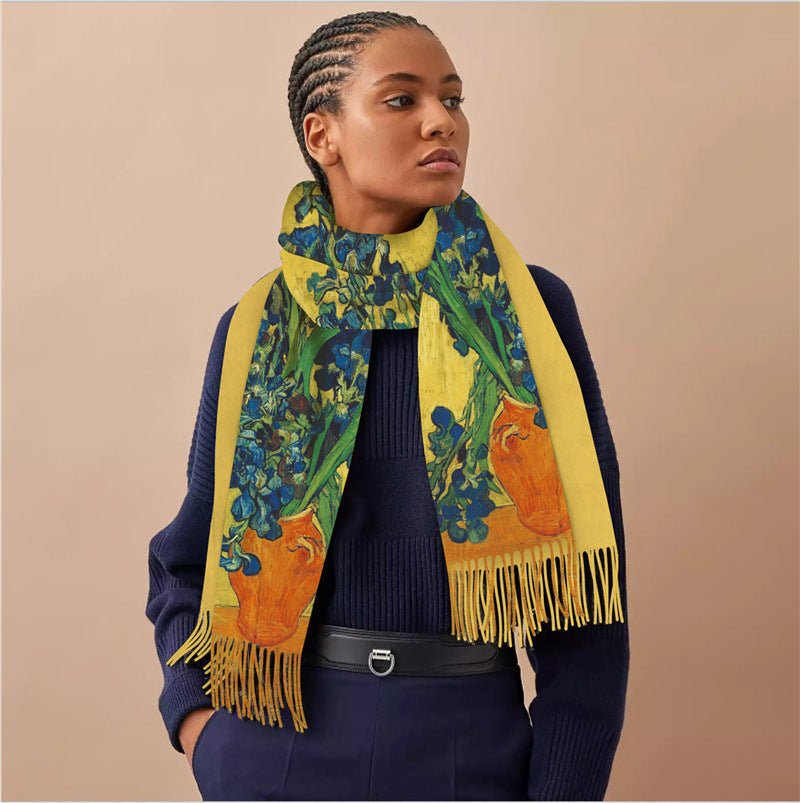 Famous Art Digital Print Long Fringe Scarves - Bazaare Mart