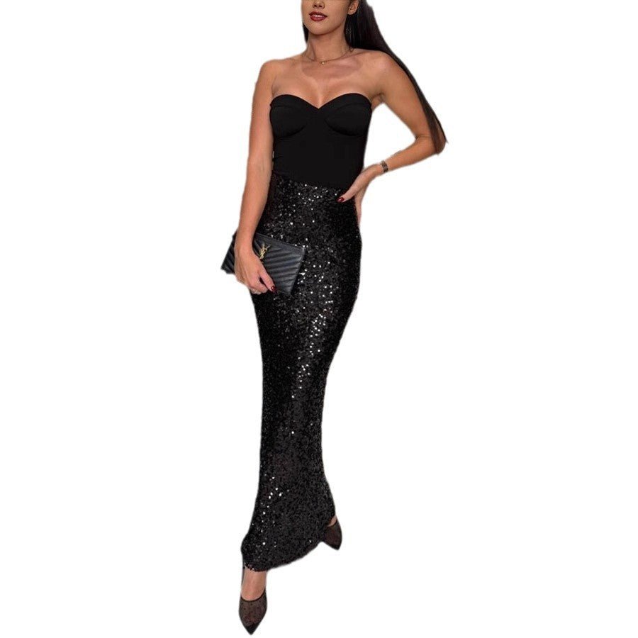 Fashion Elastic High Waist Sequined Midi Skirt - Bazaare Mart