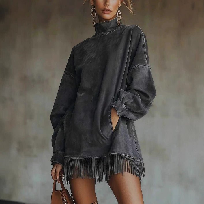 Faux Suede Long Sleeve Tassel Hem Mini Dress - Bazaare Mart