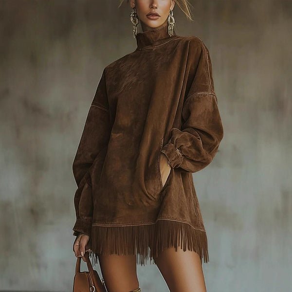 Faux Suede Long Sleeve Tassel Hem Mini Dress - Bazaare Mart