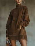 Faux Suede Long Sleeve Tassel Hem Mini Dress Brown Bazaare Mart Long Sleeve Suede Tassel Dress