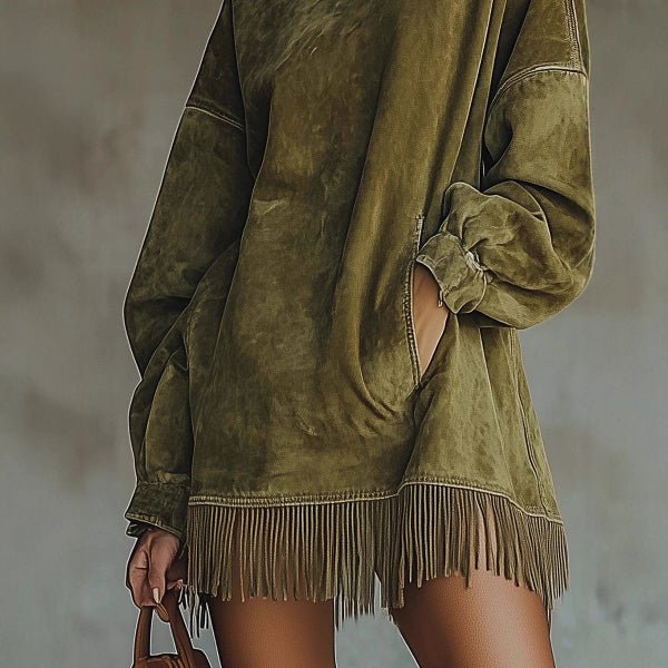 Faux Suede Long Sleeve Tassel Hem Mini Dress - Bazaare Mart