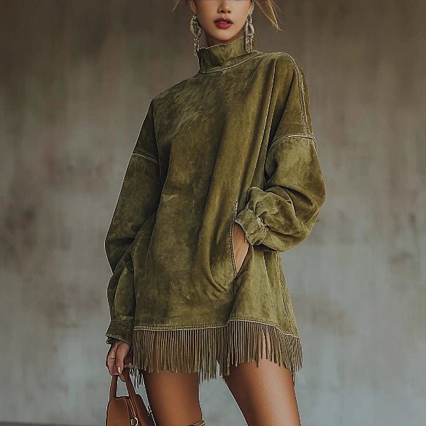Faux Suede Long Sleeve Tassel Hem Mini Dress - Bazaare Mart