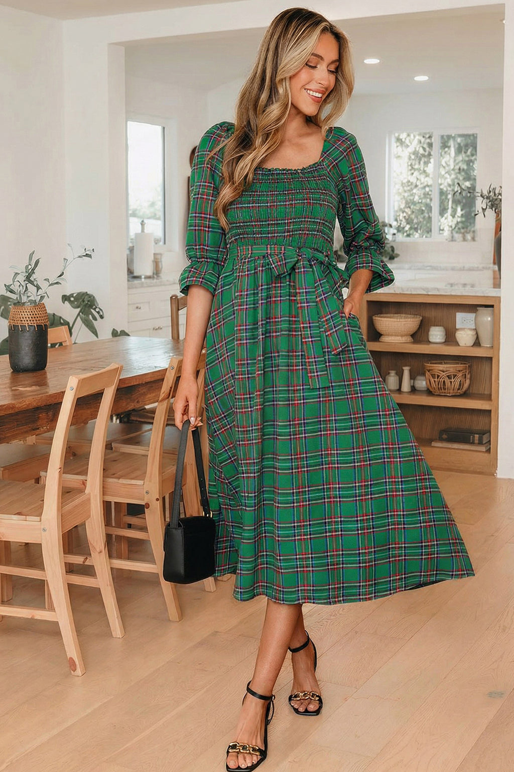 Tartan Plaid Square Neck Puff Sleeve Flared Midi Dress Bazaarre Mart Dresses/Maxi Dresses
