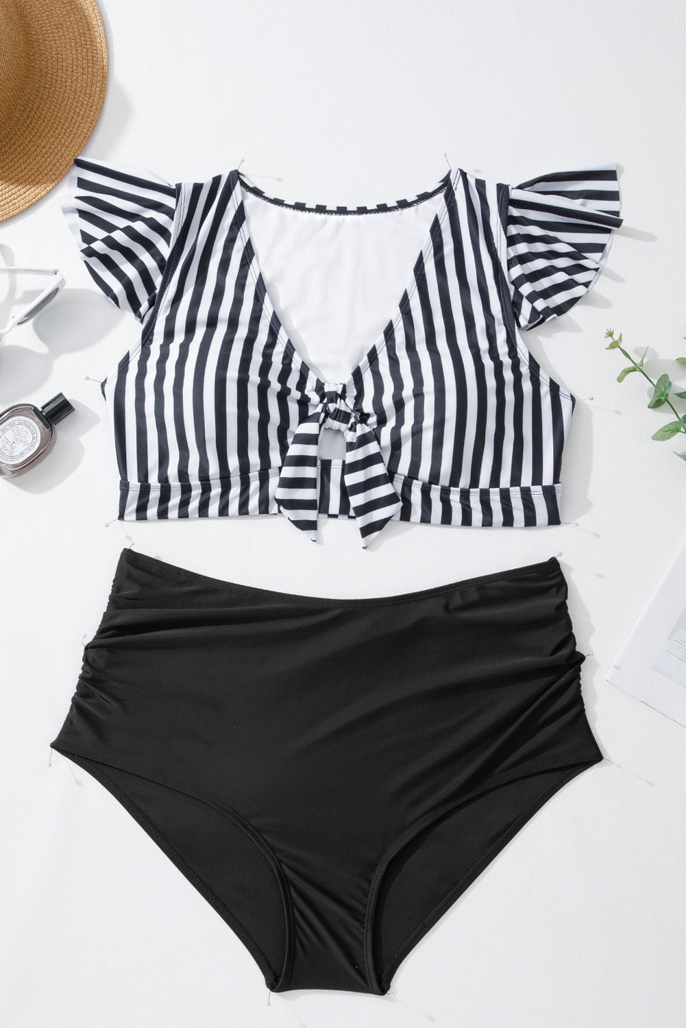 B&W Stripe Plus Size Ruffle Sleeve and High Waist 2pcs Swimsuit