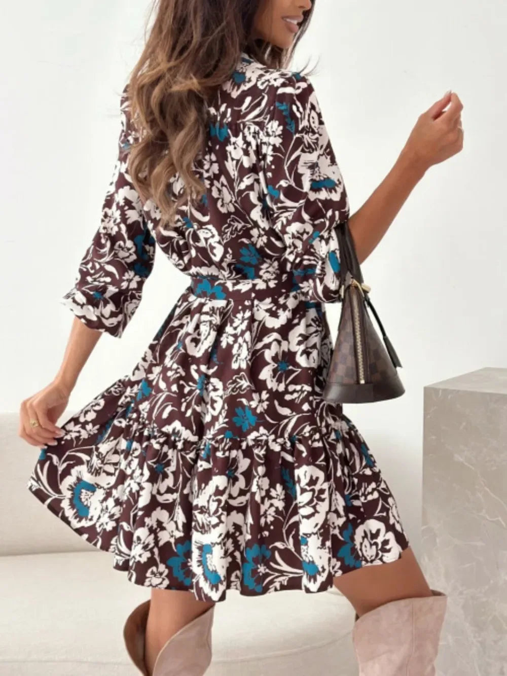 Ruffle Hem Floral Long Sleeve Mini Dress Bazarre Mart Ruffle Hem Floral Long Sleeve Dress