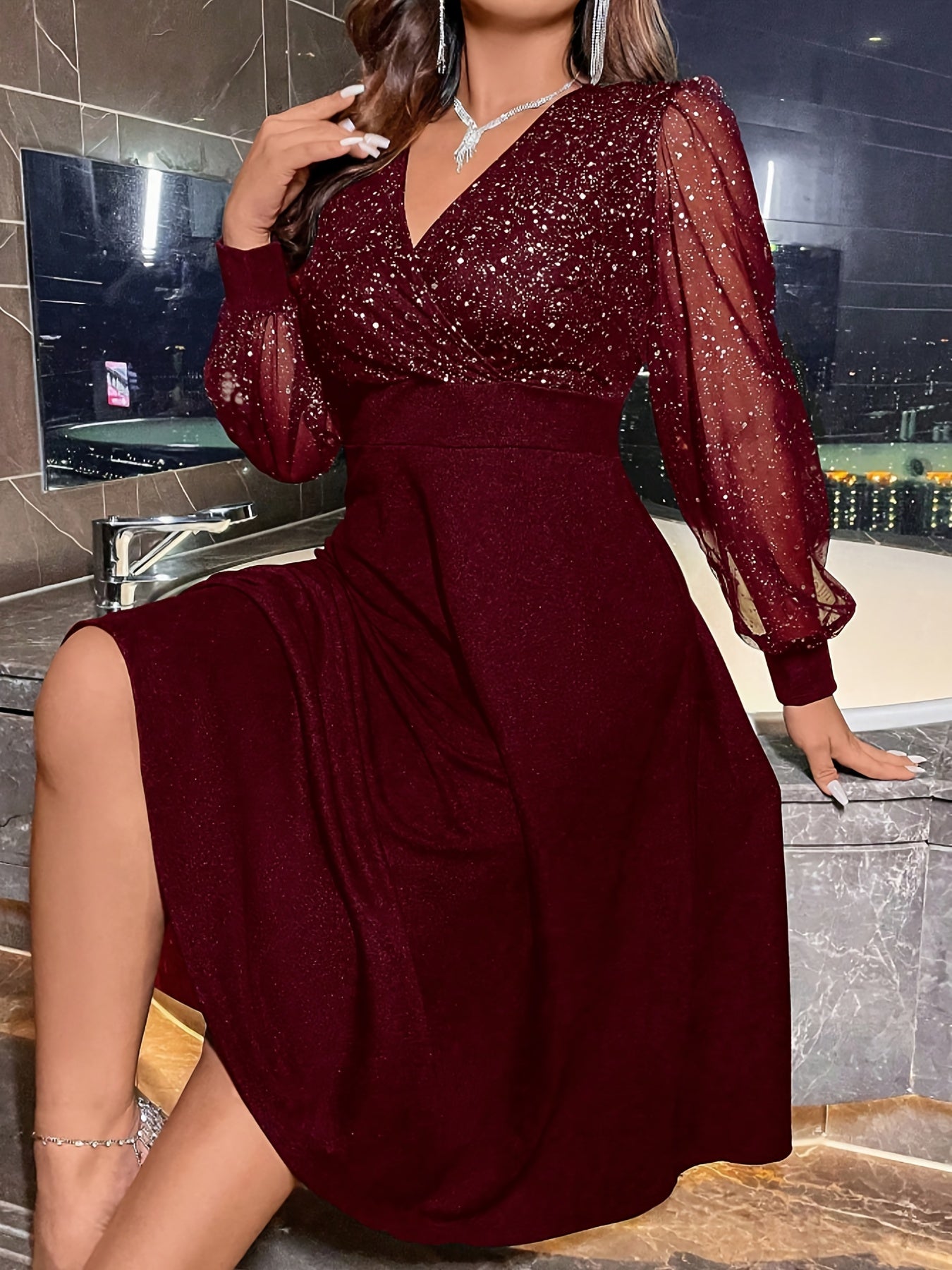 Burgundy Sparkling Sequin V-Neck Bell Sleeve Dress