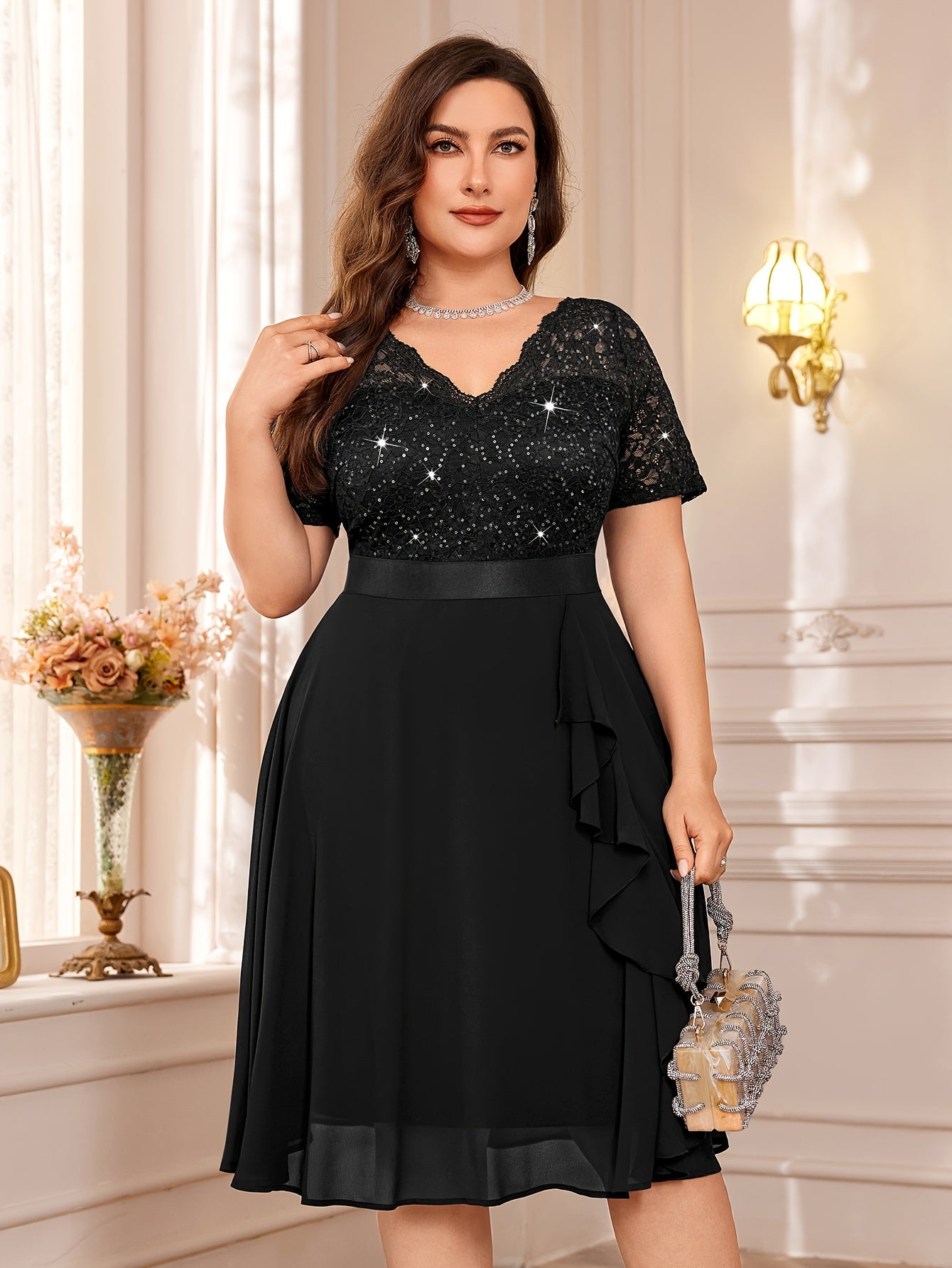 Black Sequin Lace V-Neck Short Sleeve Chiffon Ruffle Hem Dress