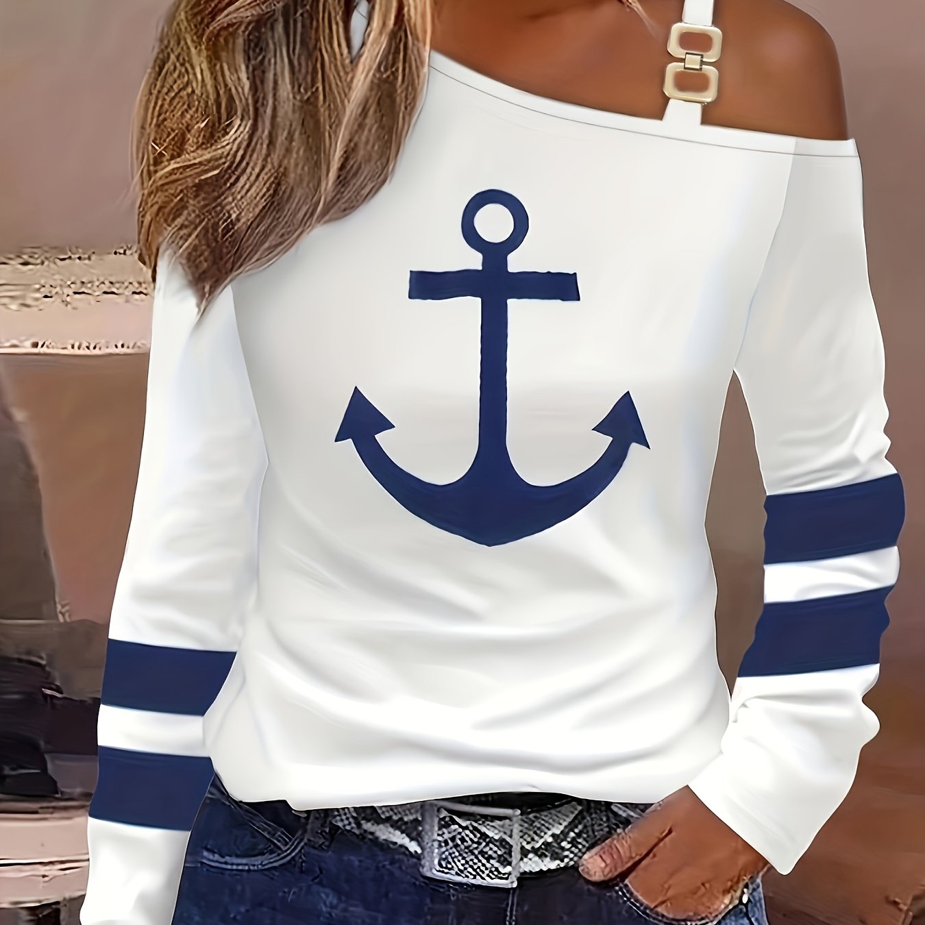 Anchor Print Off Shoulder Chain Detail Long Sleeve T-Shirt