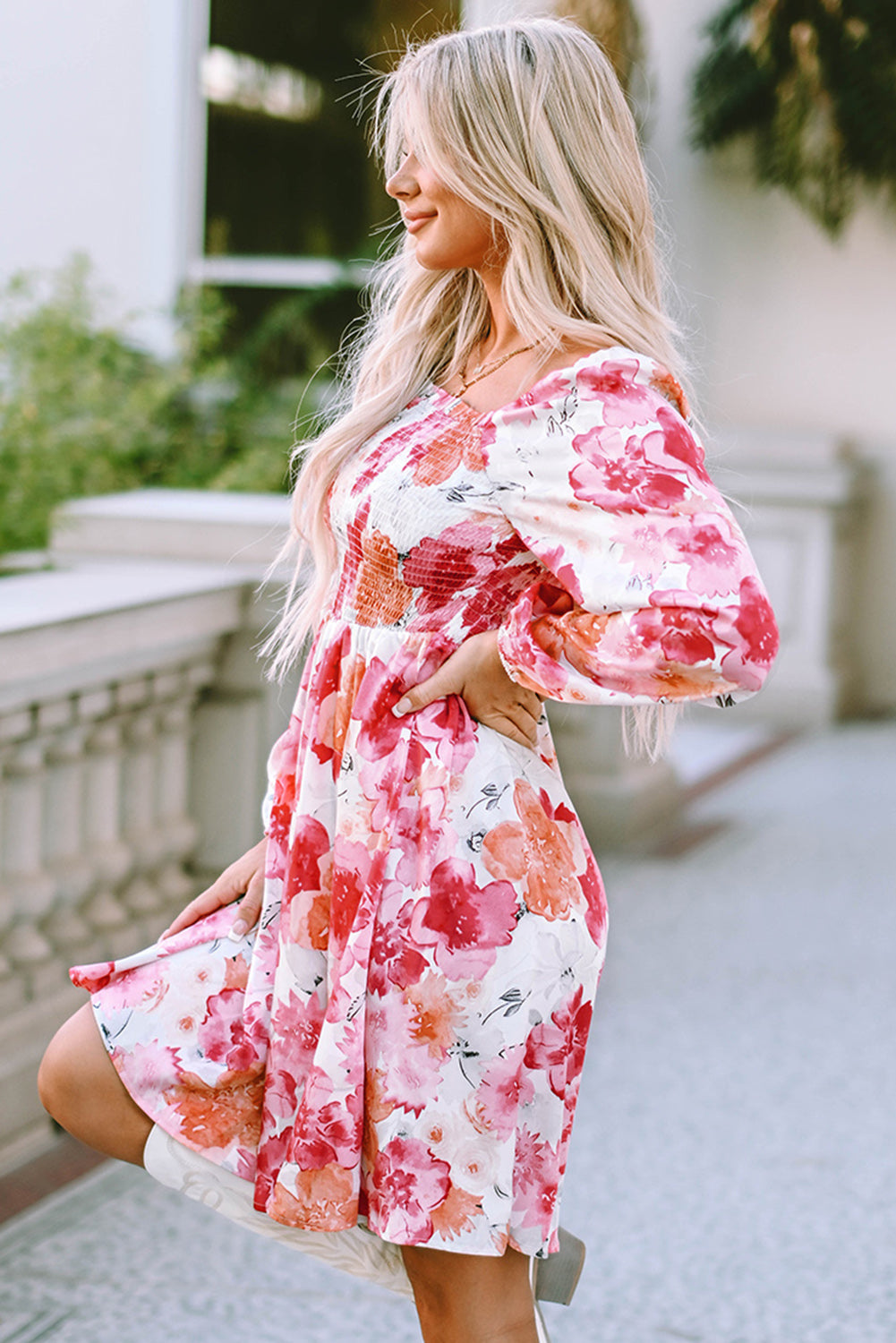 White Floral Print Smocked Long Puff Sleeve Dress