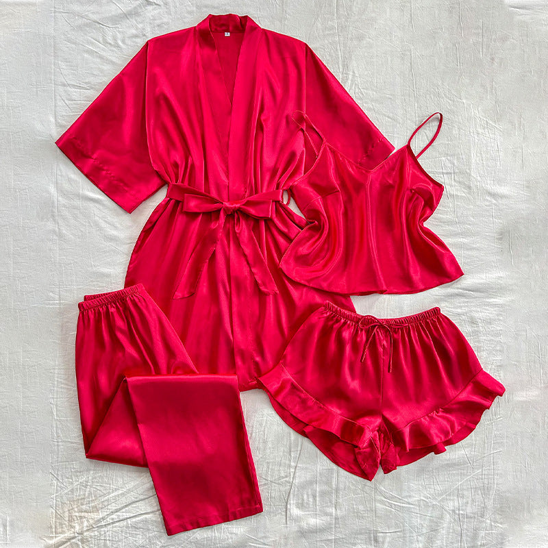 Silky 4-Piece Pajama Set for Women – Satin Cami, Robe, Shorts & Pants Sleepwear Set Red CJ Dropshipping Four-piece PJ Set