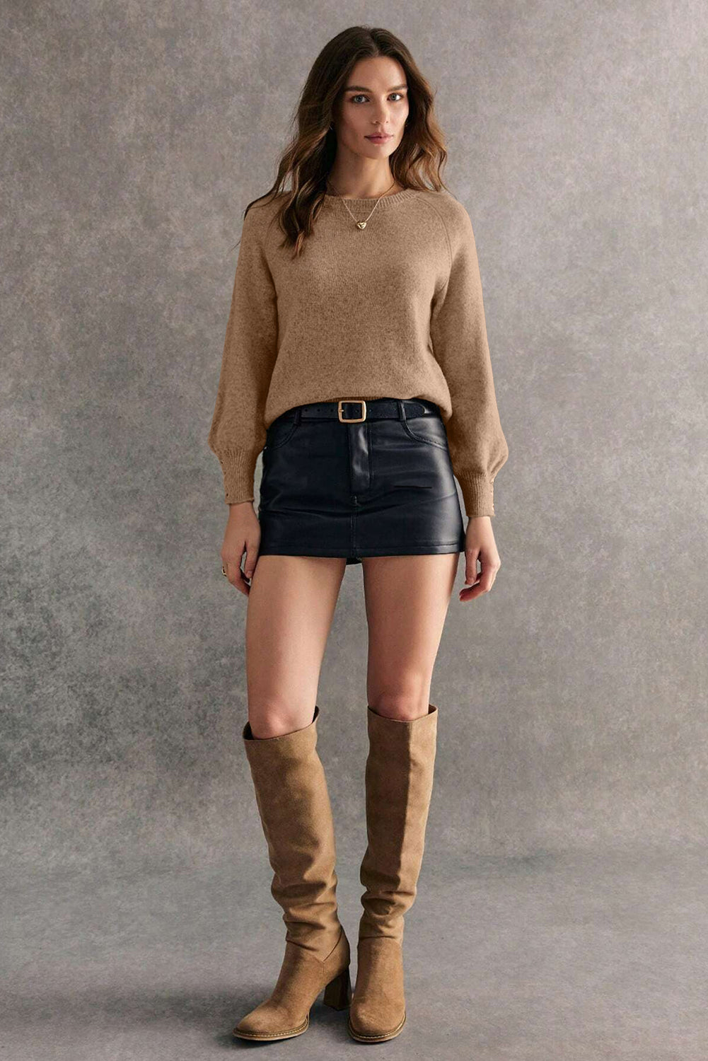 Camel Buttoned Cuffs Raglan Sleeve Knit Sweater