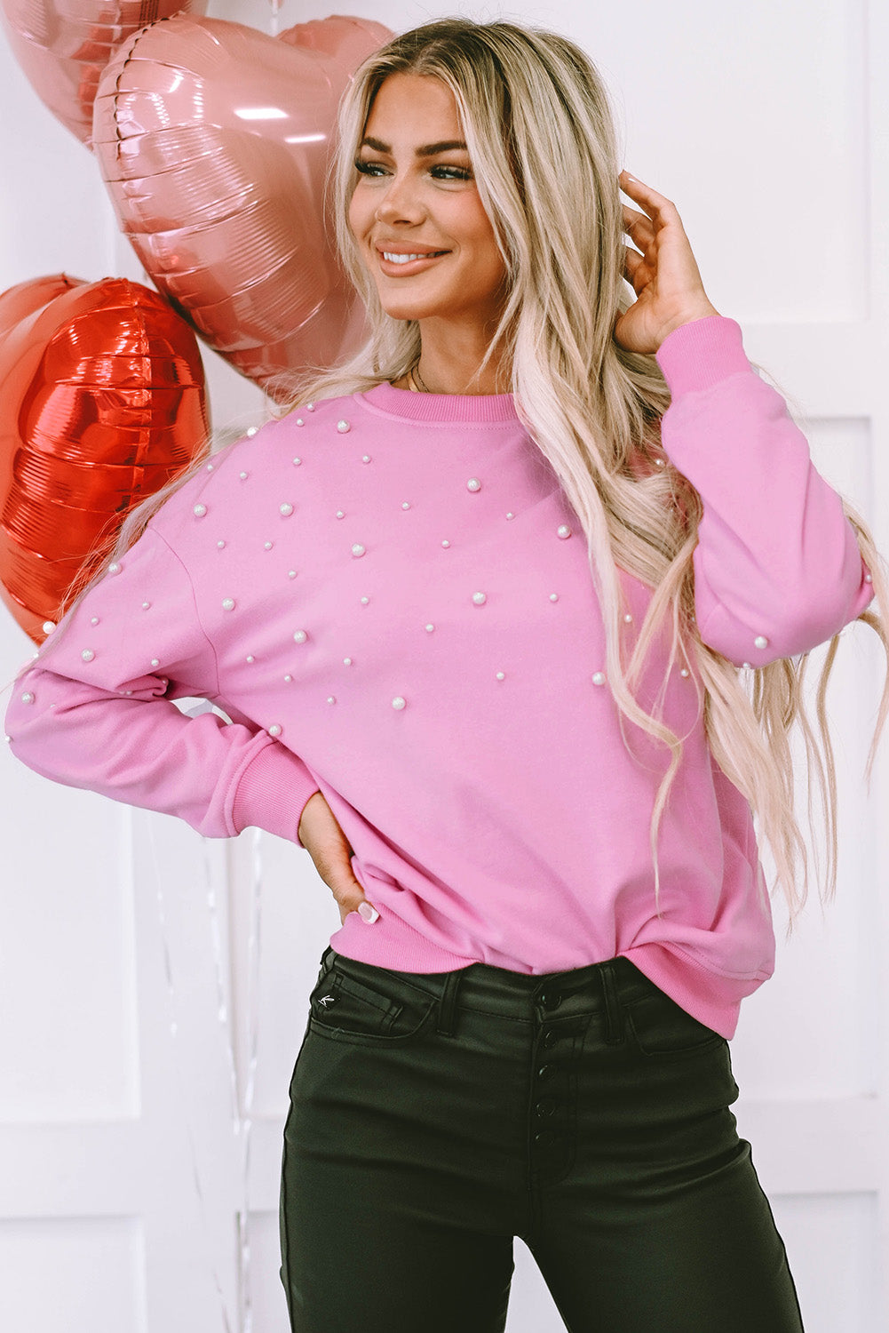 Pink Bonbon Pearl Detail Ribbed Crew Neck Sweatshirt