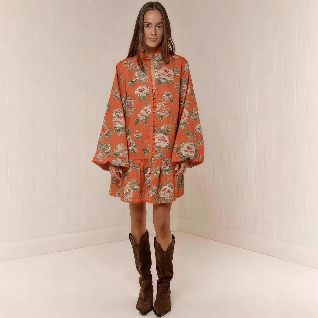 Floral Print Lantern Sleeve Mini Dress CJ Dropshipping Floral Long Sleeve Mini Dress