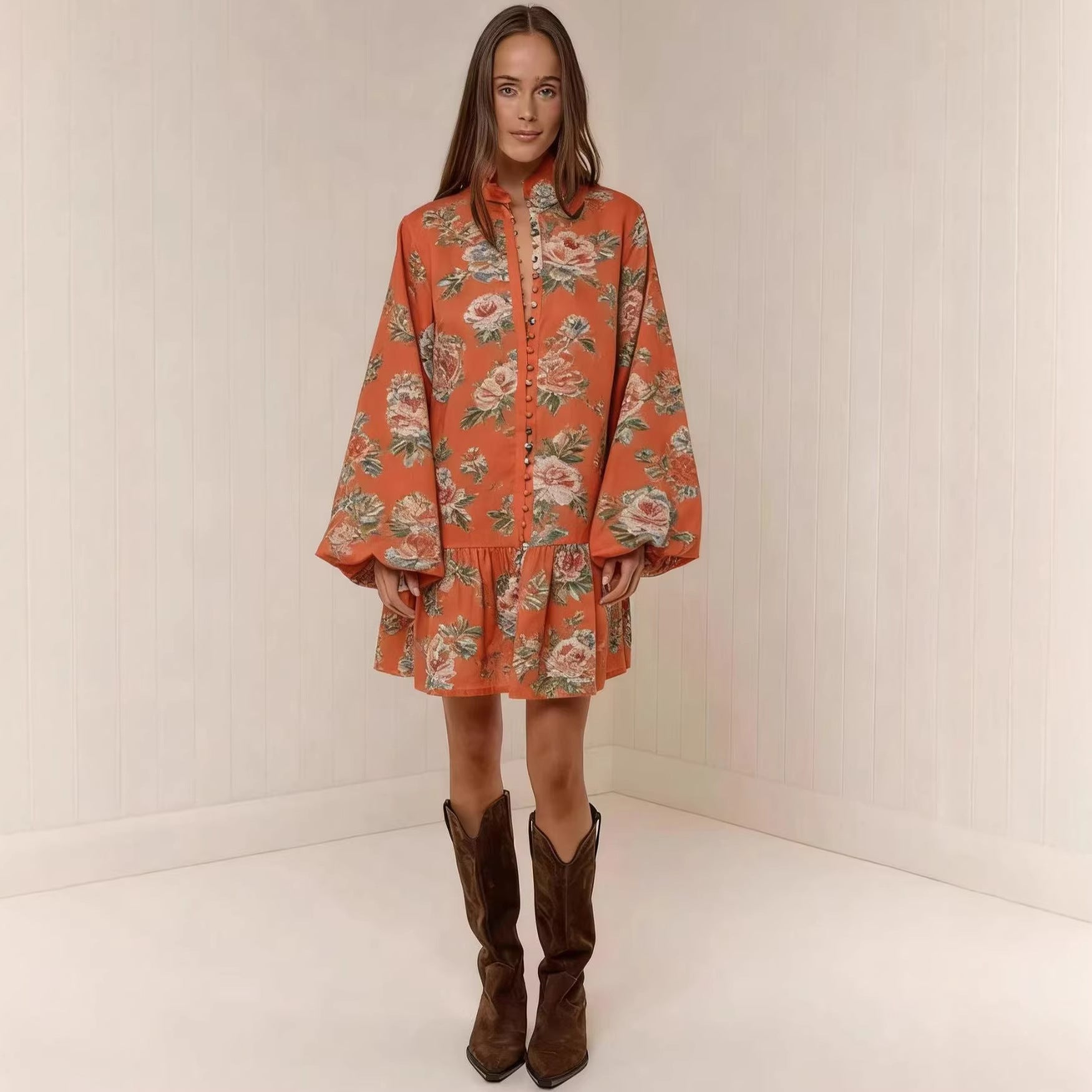 Floral Print Lantern Sleeve Mini Dress CJ Dropshipping Floral Long Sleeve Mini Dress