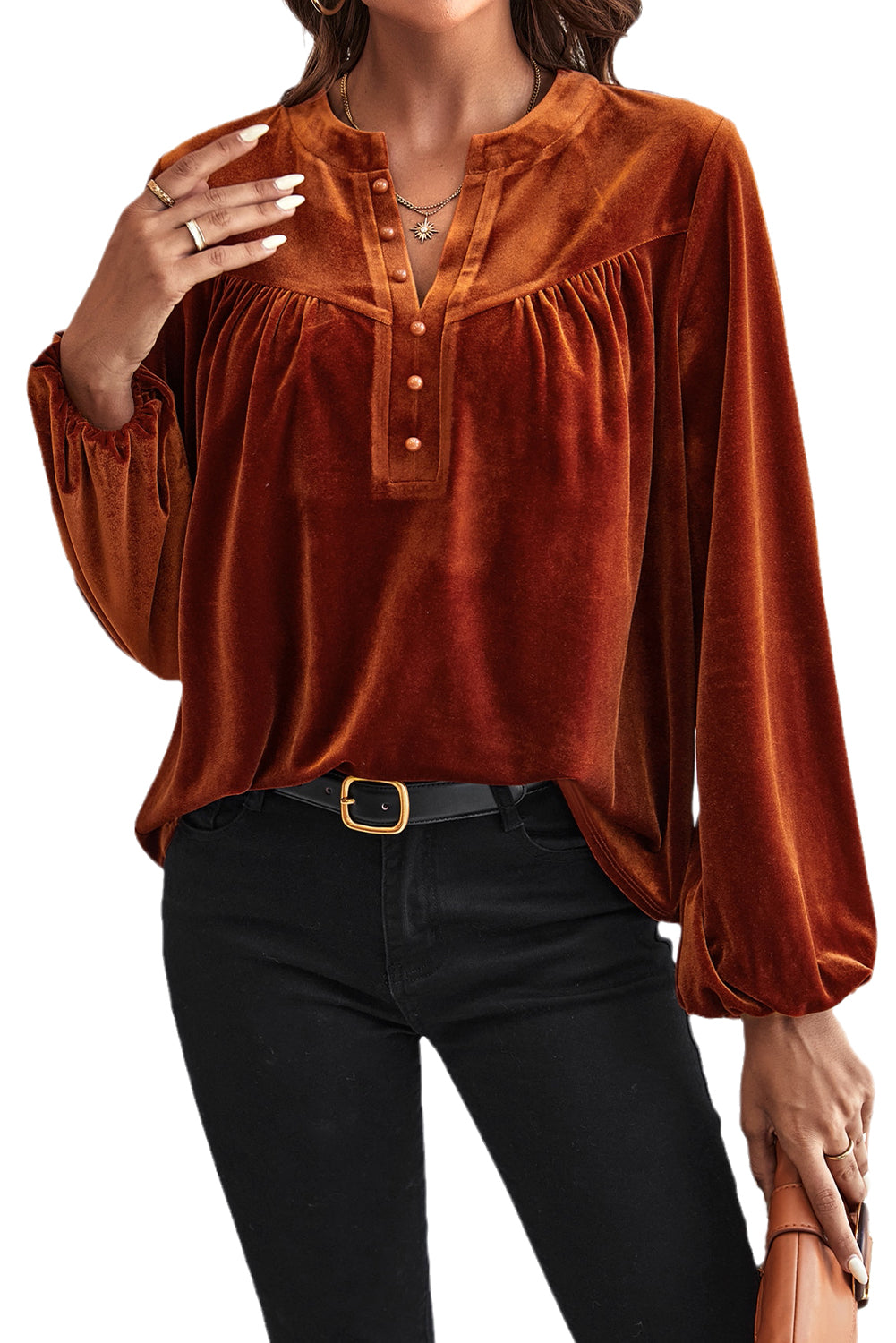 Gold Flame Lantern Sleeve Beaded Split V Neck Velvet Top