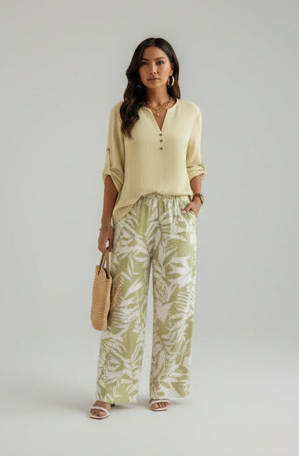 Ladies V-neck Shirt with Tropical Printed Pants CJ Dropshipping Tropical Pants Set