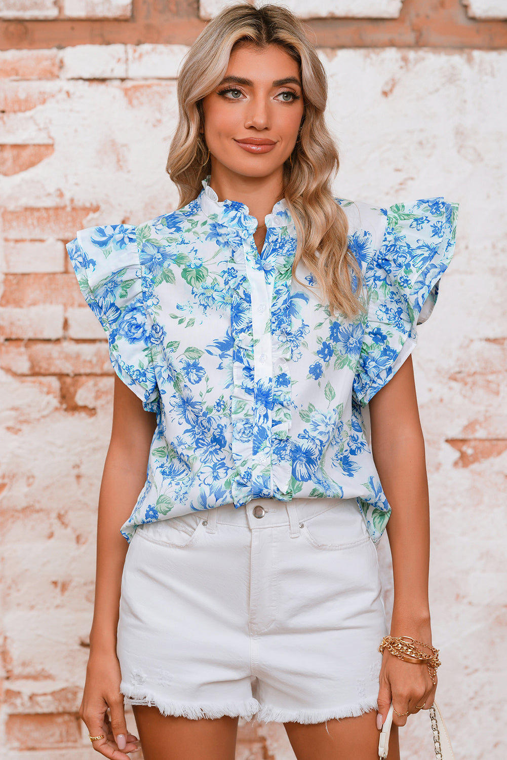 Floral Print Flutter Sleeve Frill Blouse Shewin Blouses