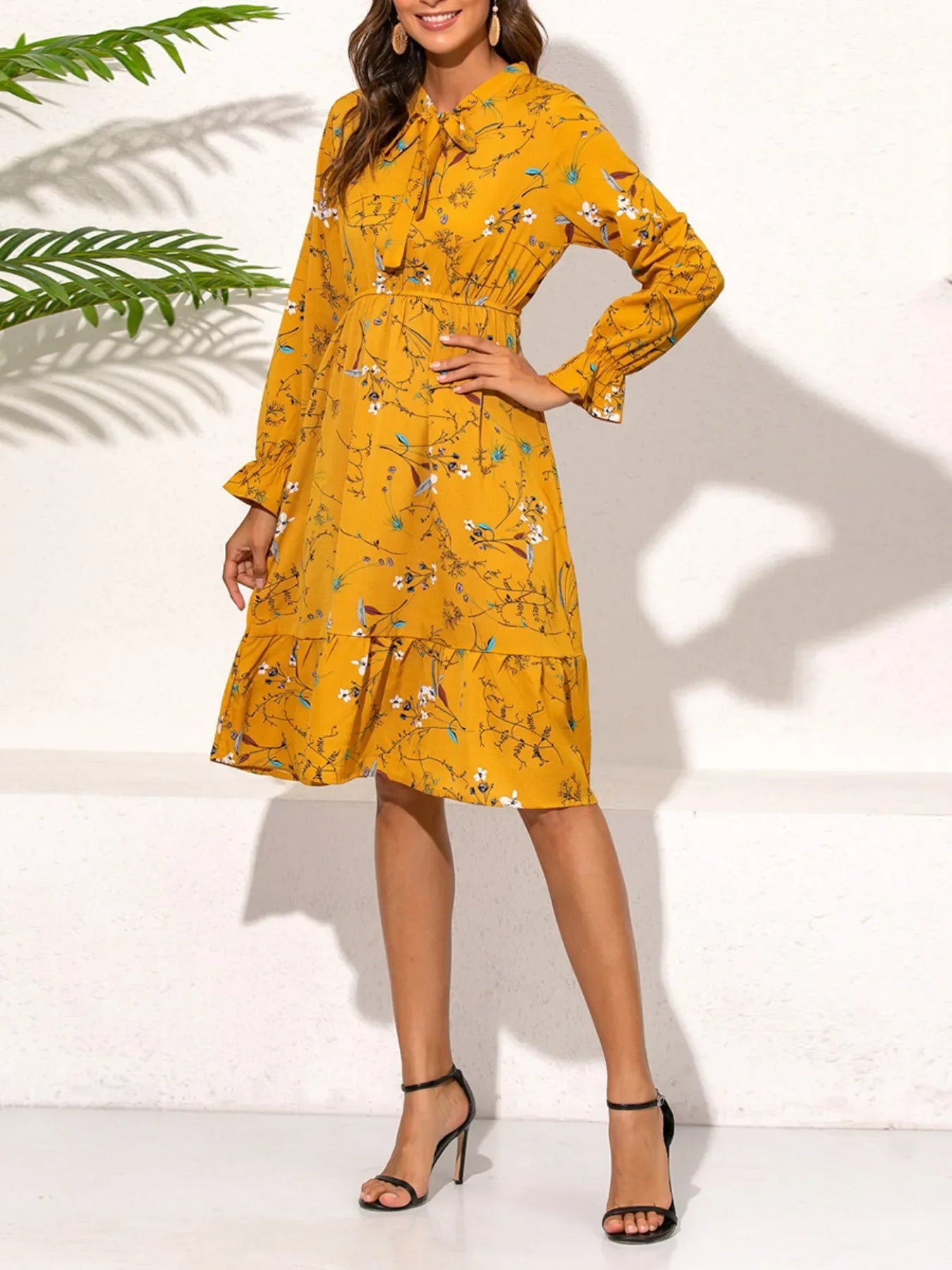 Ruffled Hem Floral Print Long Sleeve Dress Trendsi Long Sleeve Yellow Dress