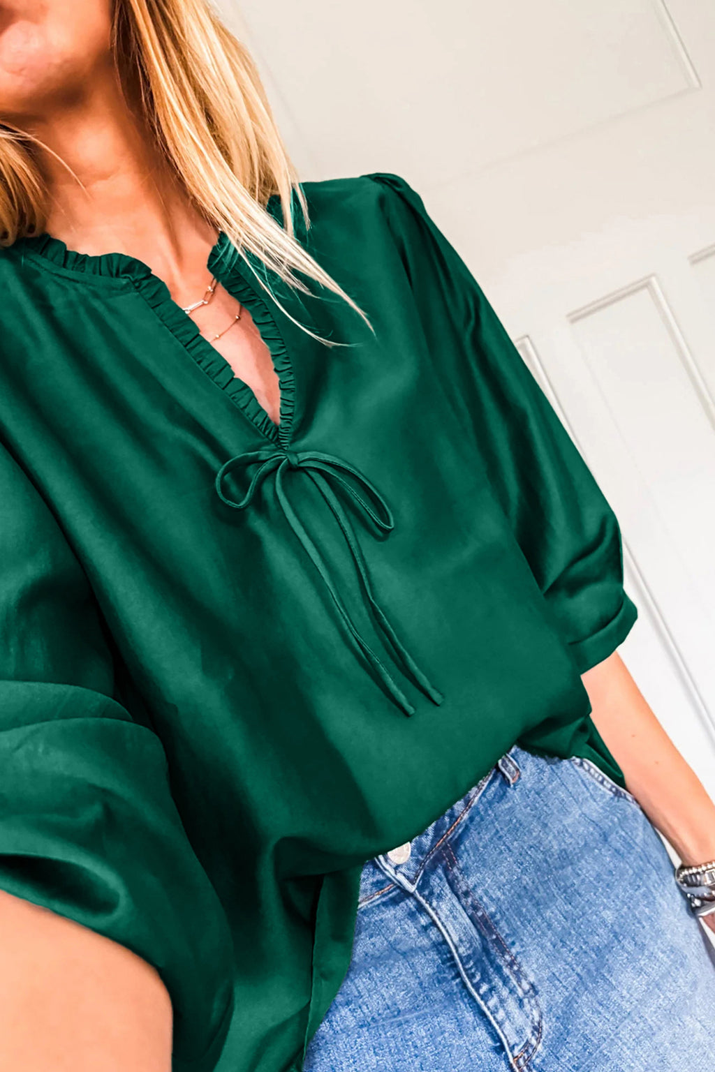 Solid Color Frilled V Neck Bow Detail 3/4 Sleeve Blouse Bazaare Mart Tops/Blouses & Shirts