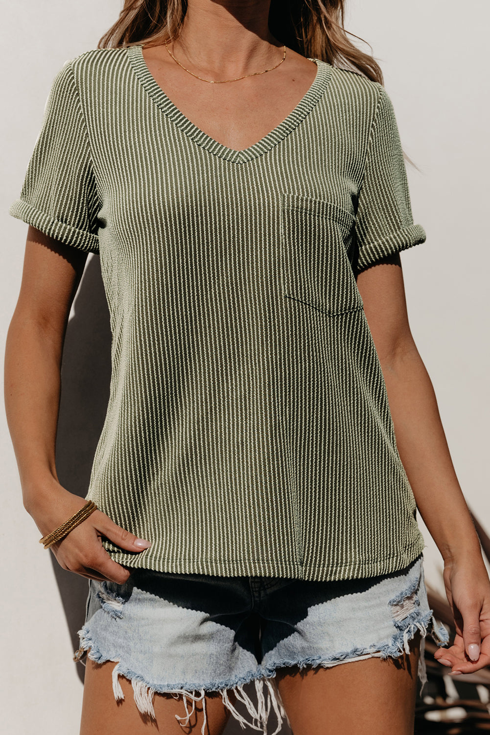 Laurel Green Corded V Neck Top