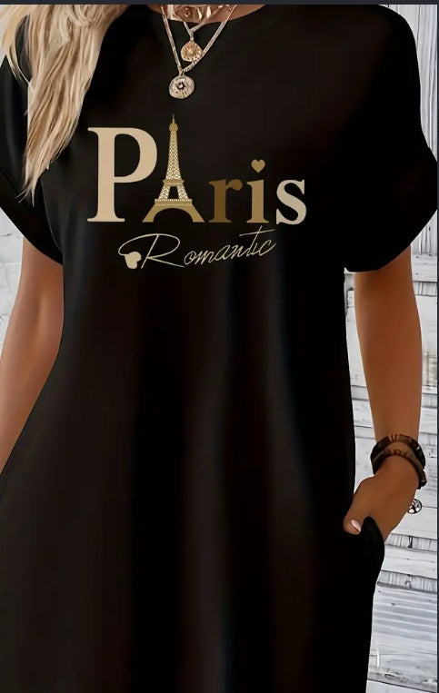 Paris Print Midi Tunic Dress – Casual Geometric Pocket Dress for Women Black CJ Dropshipping Paris Sleep Dress