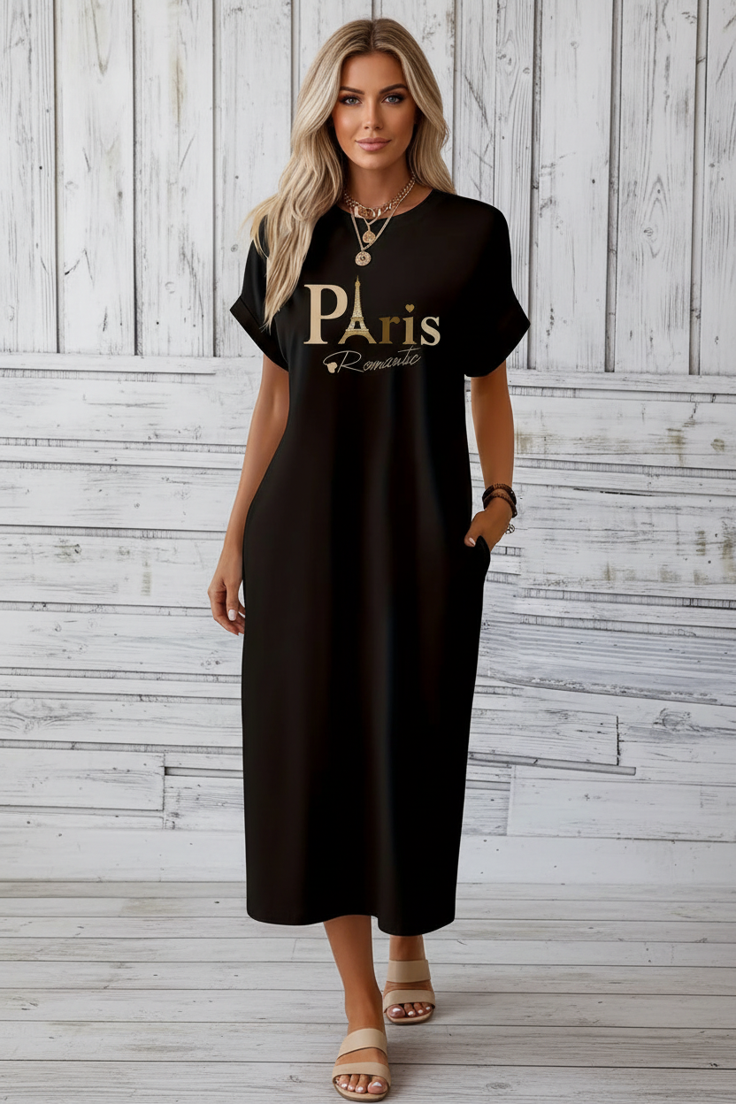 Paris Print Midi Tunic Dress – Casual Geometric Pocket Dress for Women CJ Dropshipping Paris Sleep Dress