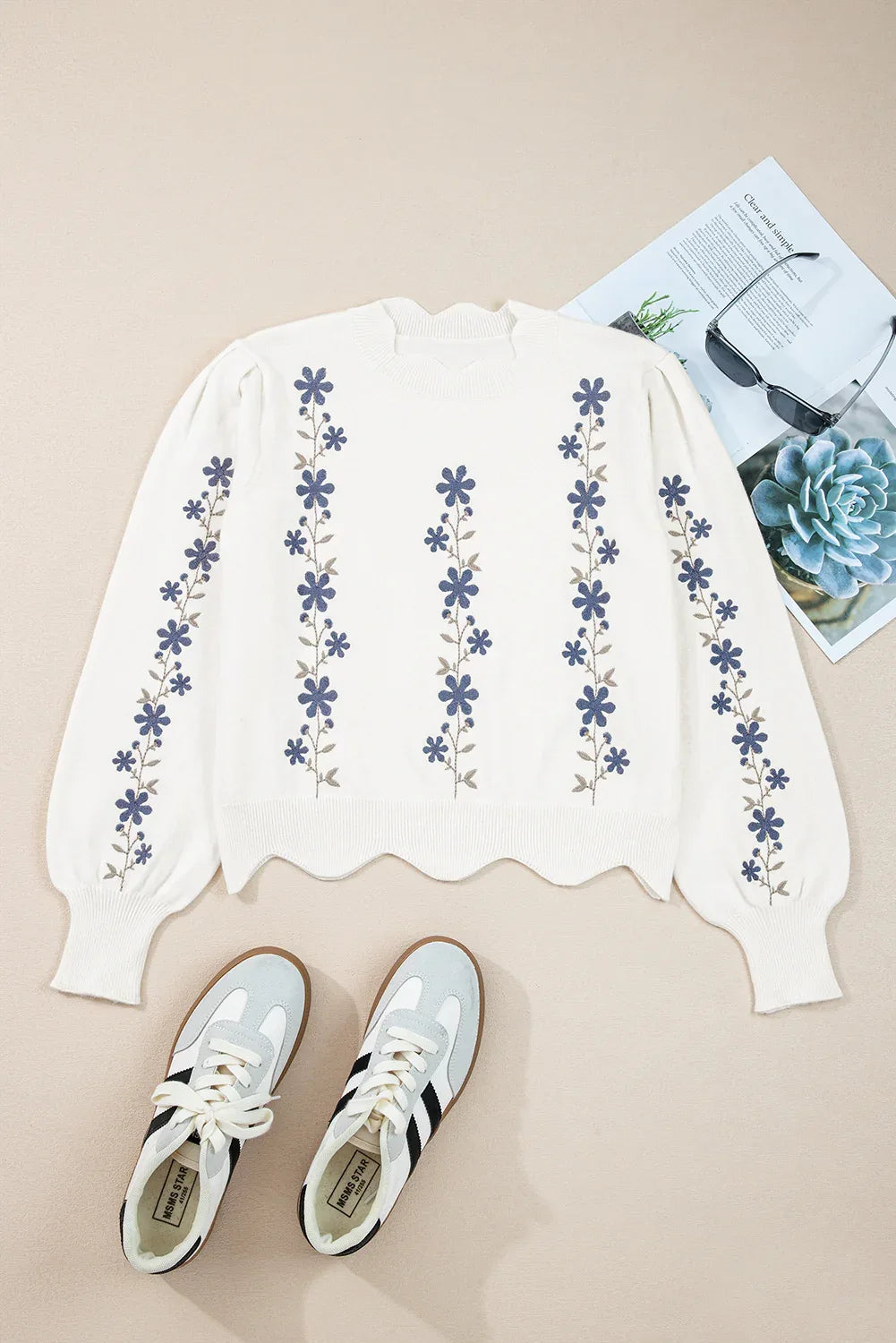 White Floral Embroidered Scallop Hem Cropped Sweater Bazaare Mart Sweaters & Cardigans/Sweaters