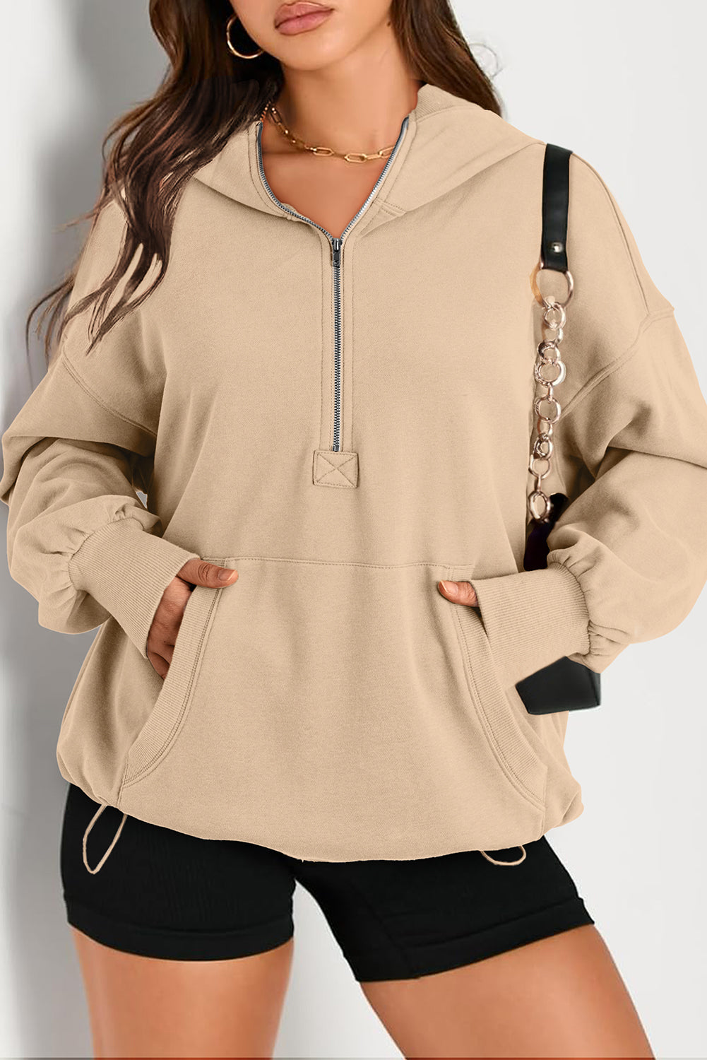 Parchment Solid Kangaroo Pocket Half Zipper Oversized Hoodie