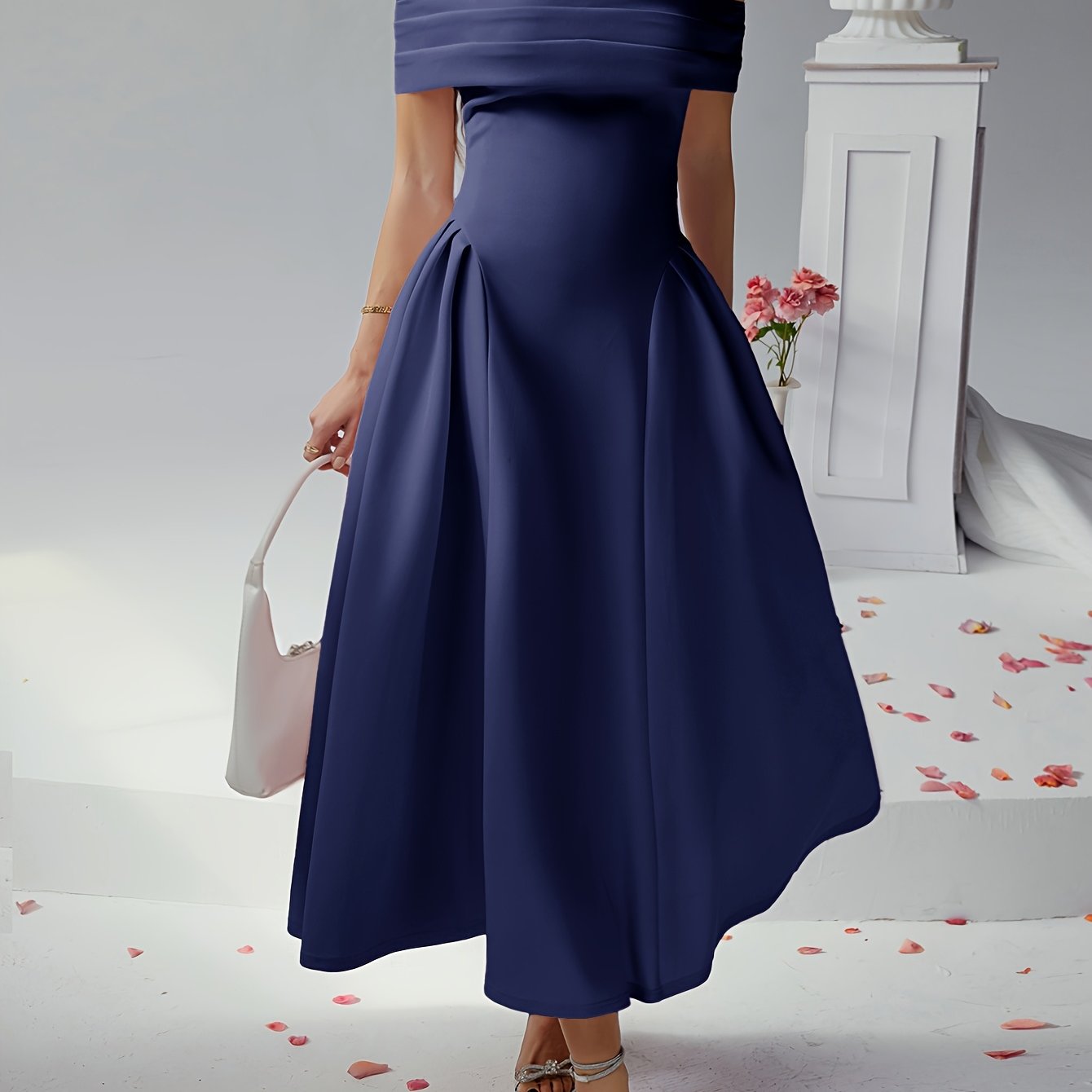 Elegant Pure Color High Waist Off Shoulder Midi Dress