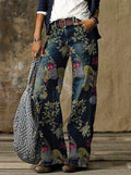 Women’s Floral Painted Straight Leg Denim Jeans – Dark Wash Low Waist Boot Cut Pants FNZK0242 CJ Dropshipping Floral Boot Cut Jeans