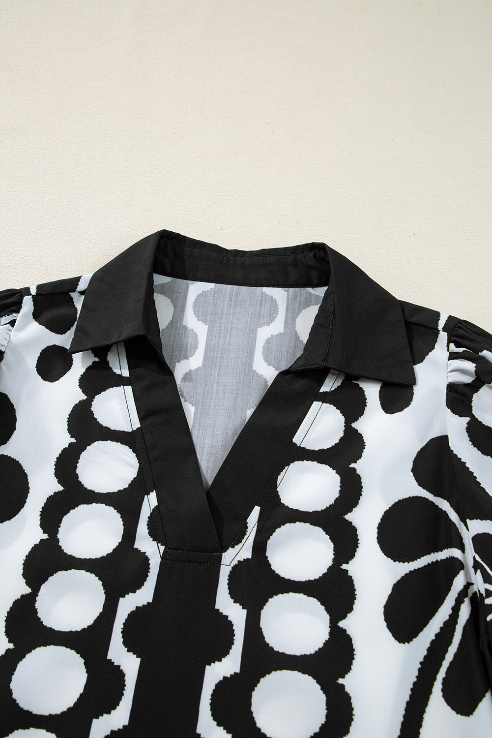 B&W Mixed Print V Neck Puff Sleeve Mini Dress