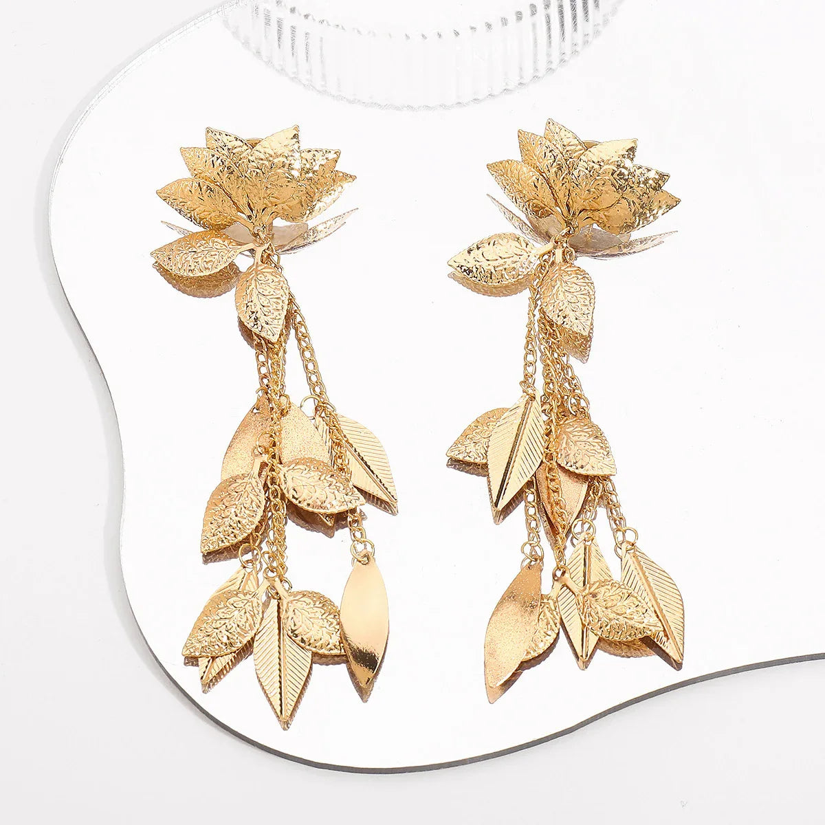 Dramatic Gold Lotus Earrings Bazaare Mart Gold Lotis Dangle Earrings