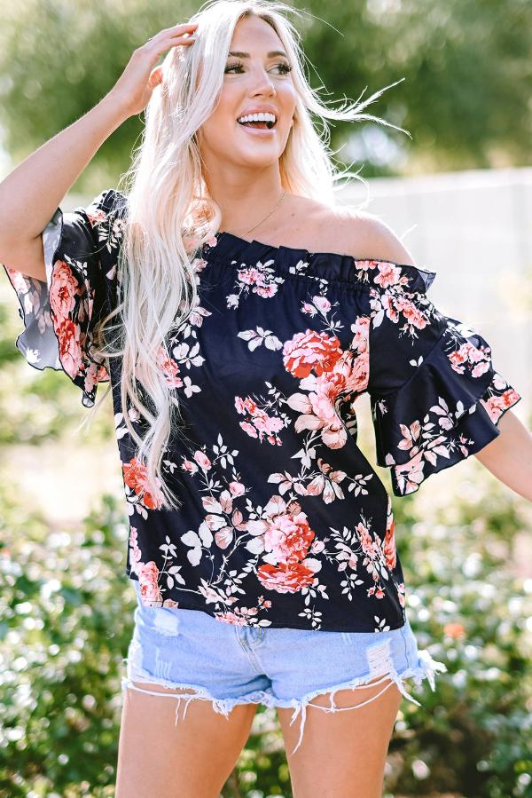 Navy Off-shoulder flounce Rose Top