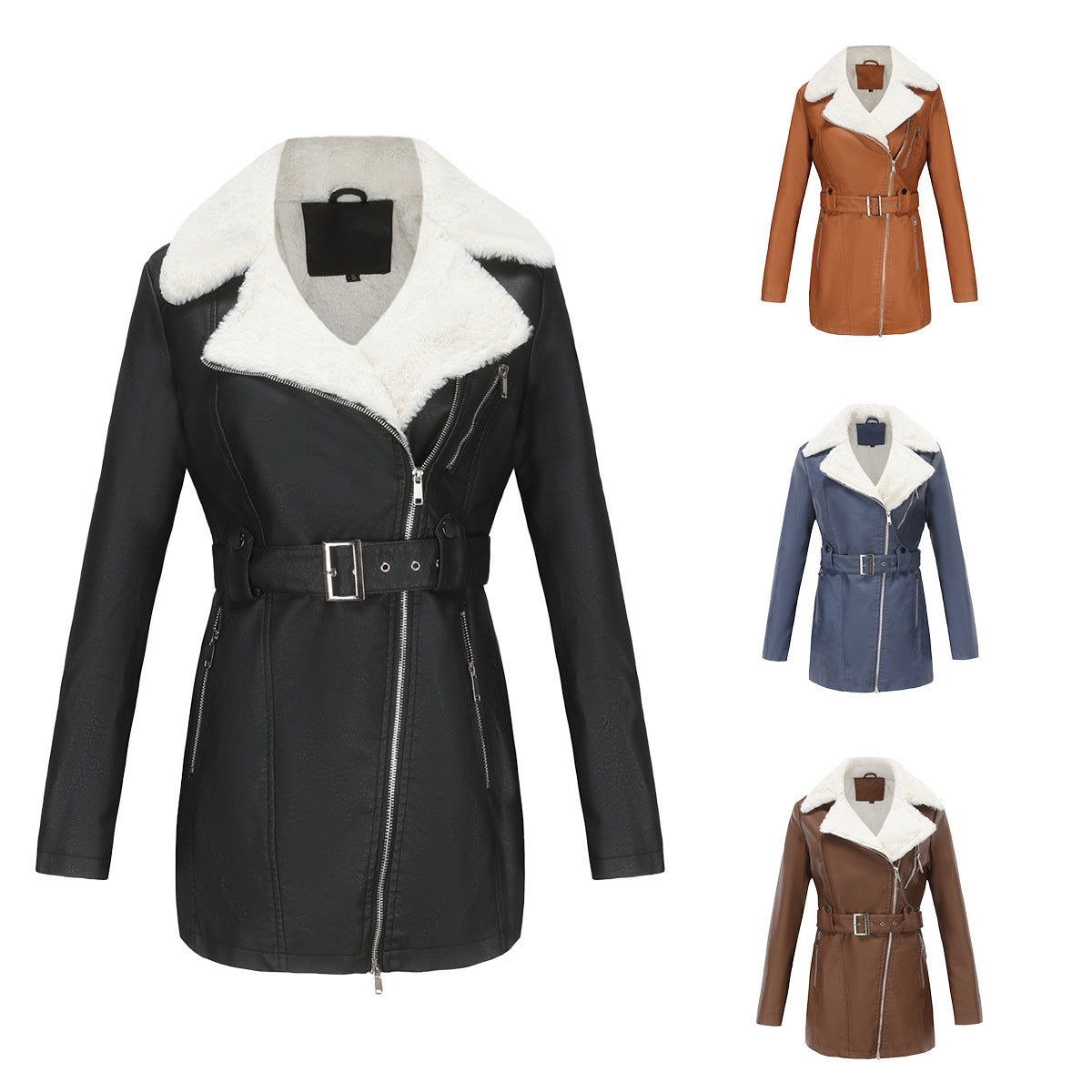 PU Leather and Fleece Belted Jacket