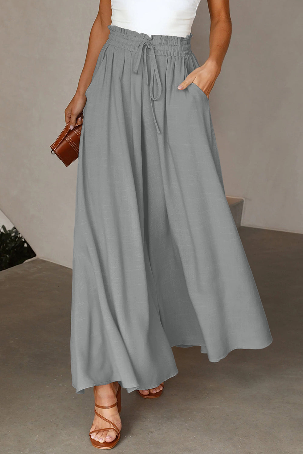 Grey Drawstring Wide Leg Pants