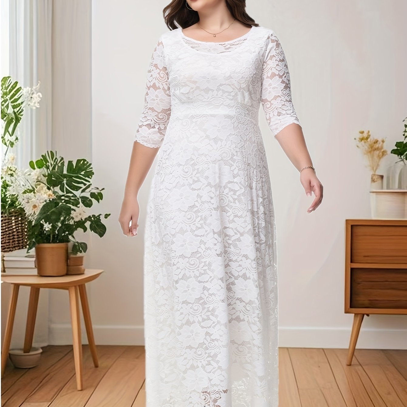 Plus Size O Neck Three Quarter Sleeve Lace Maxi Dress