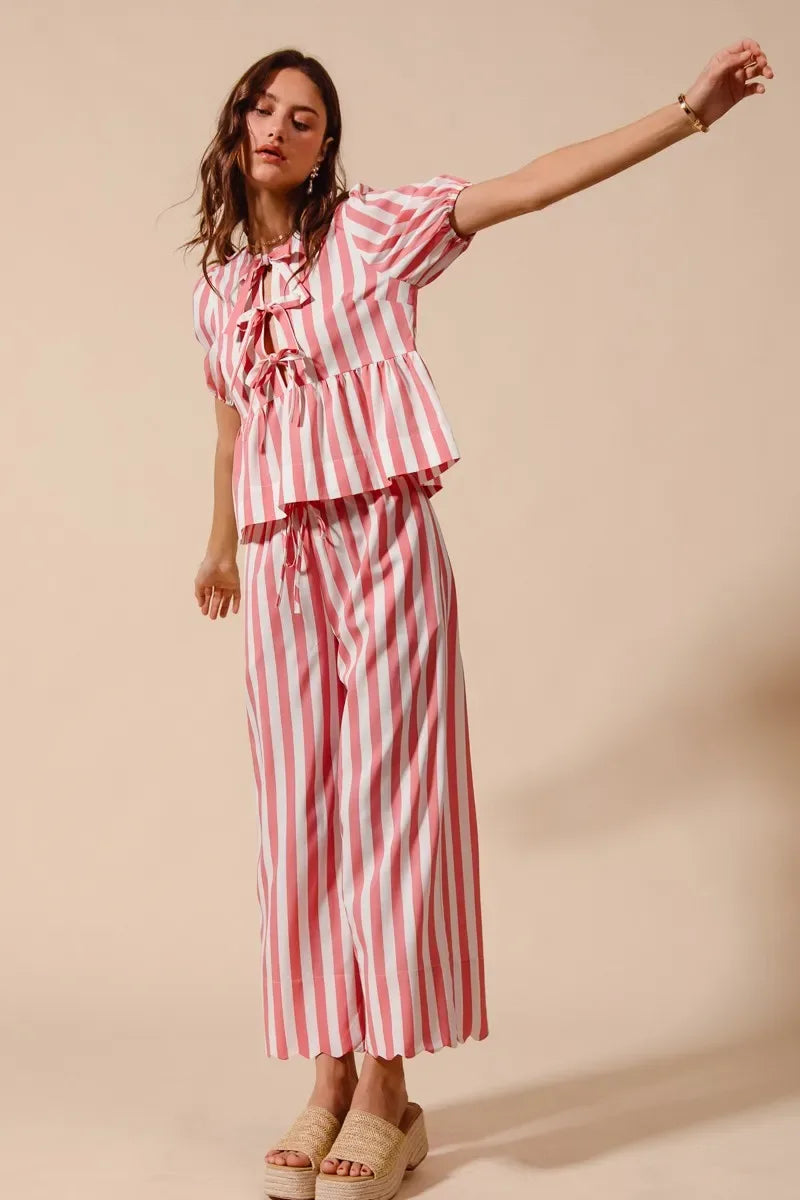 Pink Striped Pants Set Trendsi Front Tie Stripe Top With Puff Sleeves and Pants