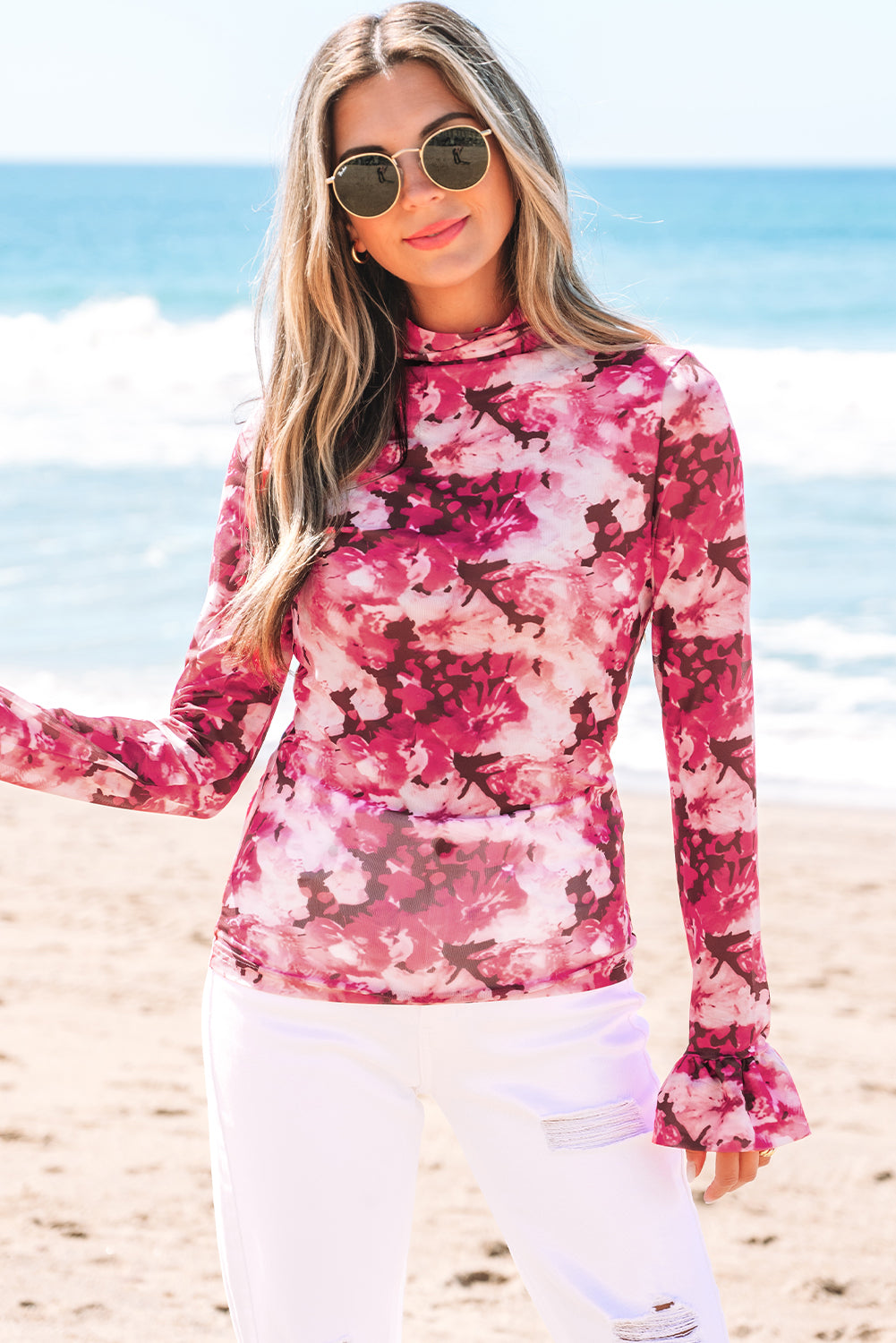 Floral Mesh Ruffle Sleeve Mock Neck Blouse
