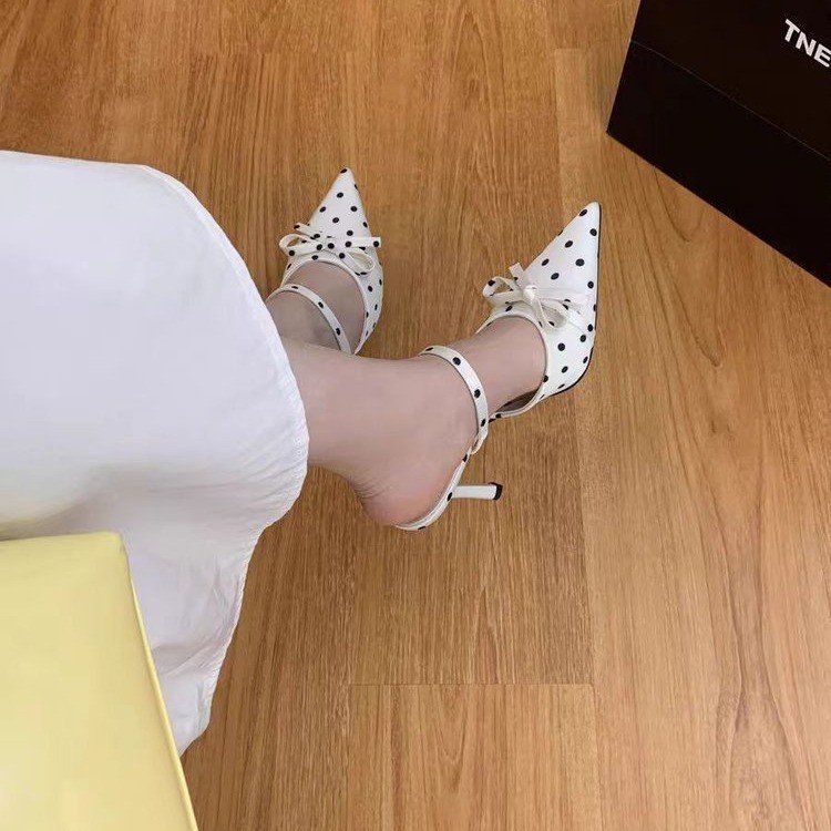 B&W Polka Dot Pointed Toe High Heel Mule Sandals CJ Droppshipping B&W Polka Dot Pointed Toe Heels