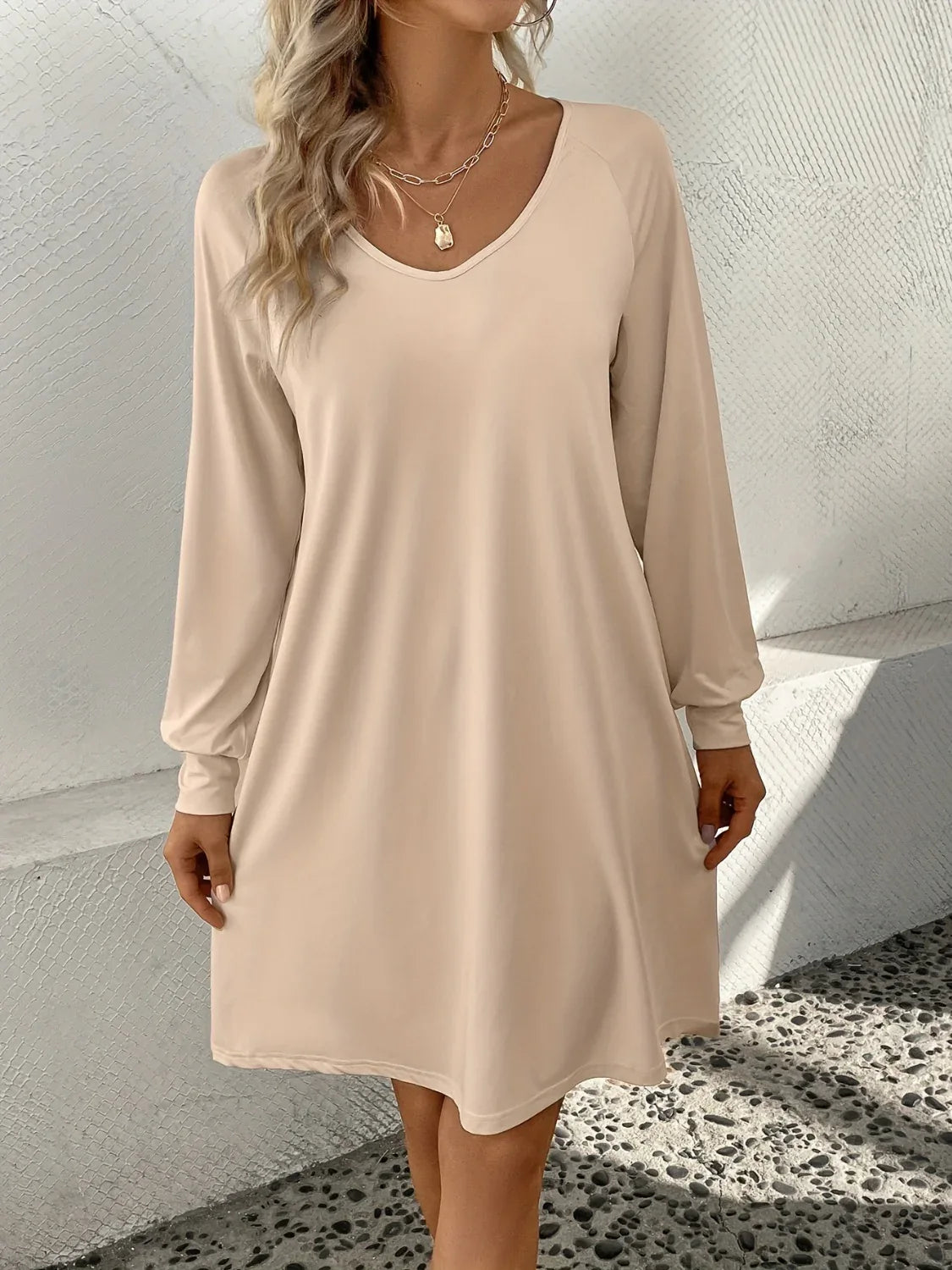V-Neck Raglan Sleeve Knee Length Dress Trendsi V-Neck Raglan Sleeve Knee Length Dress