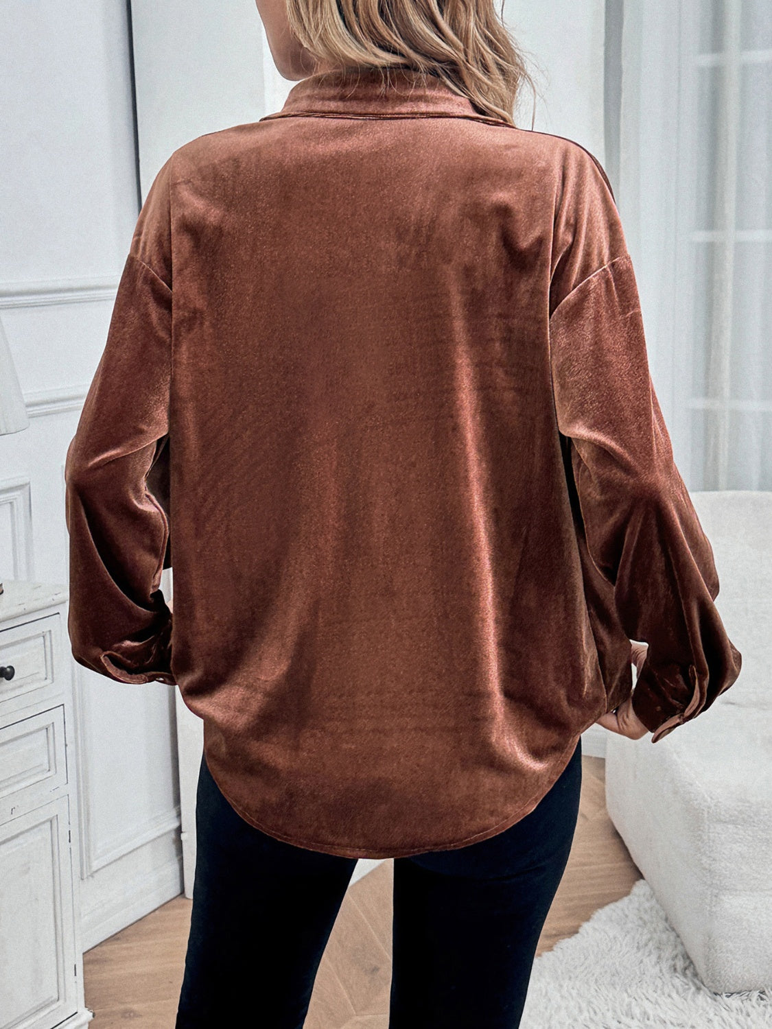 Back of Brown Button Up Long Sleeve Velvet Shirt